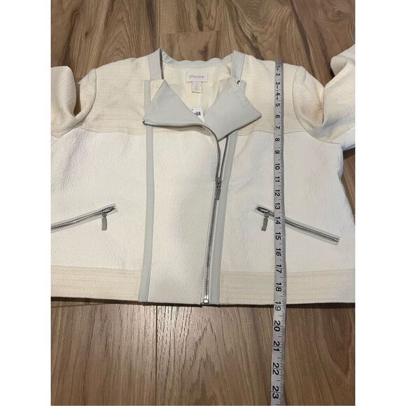 Chico's NWT defects Asymmetrical Moto Jacket Ivory Wheat Fabric Mix sz 1 M - Picture 7 of 12